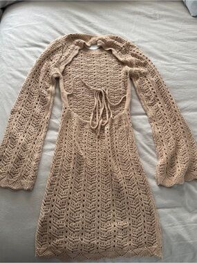NWT Beige Crochet Knit Long-Sleeve Swim Coverup